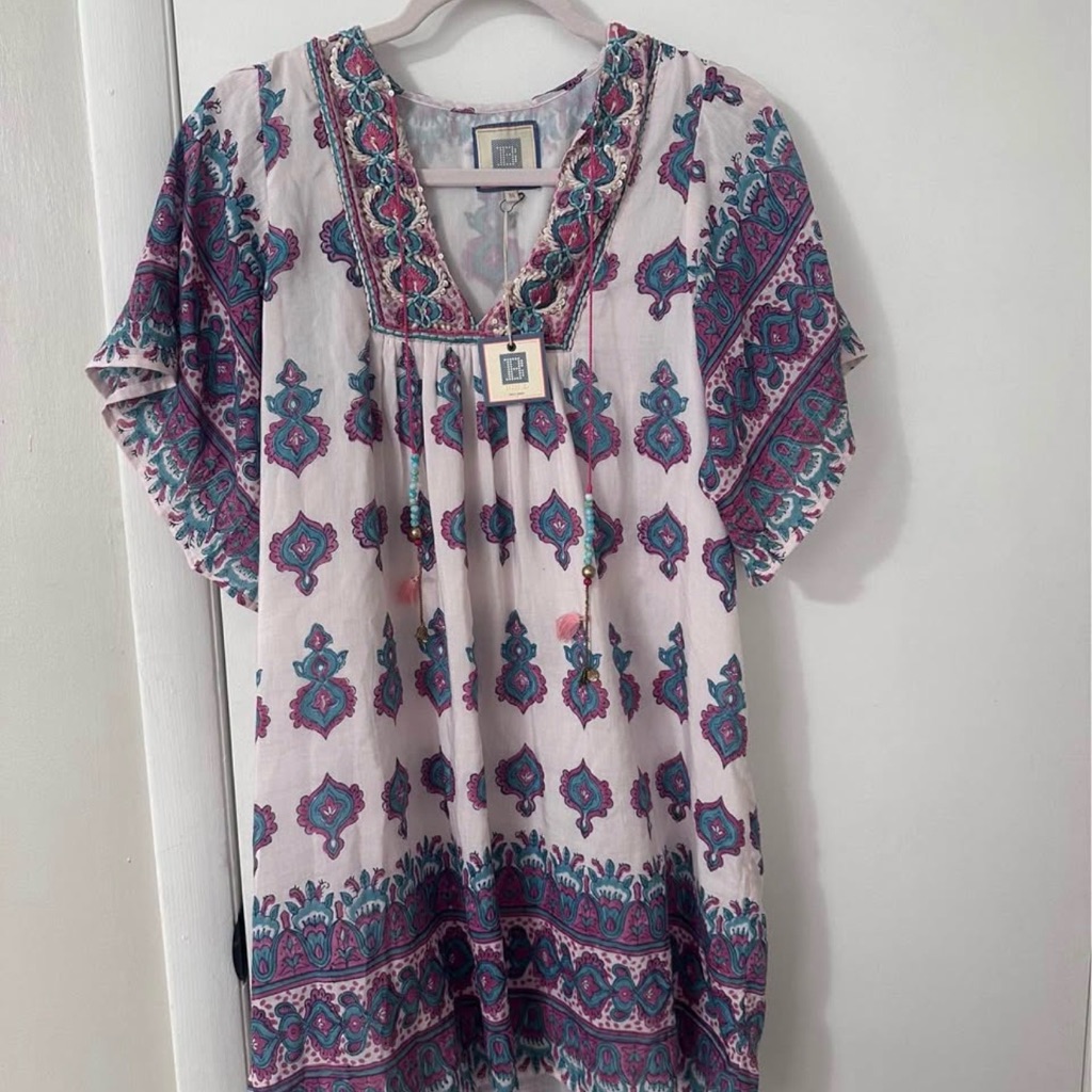 Bohemian Embroidered V-Neck Tunic Top - White With Teal & Magenta
